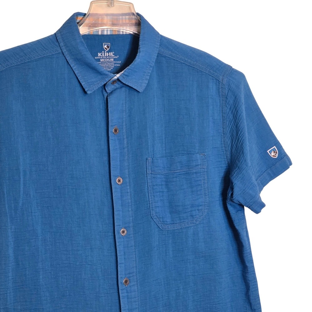 Kuhl Mens Medium  Shirt Blue Organic Cotton Short Sleeve Button Up Casual Hiking